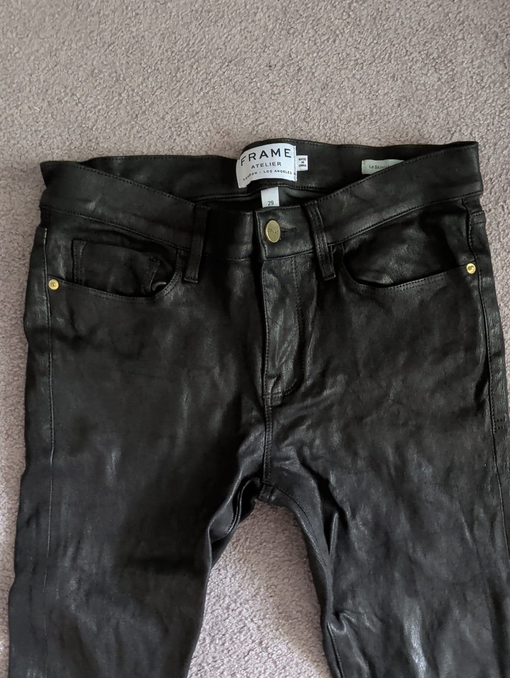 ✨👖🖤Frame Lamb Leather Black Skinny Jeans with Gold-Tone Buttons & Studs! 🖤👖✨